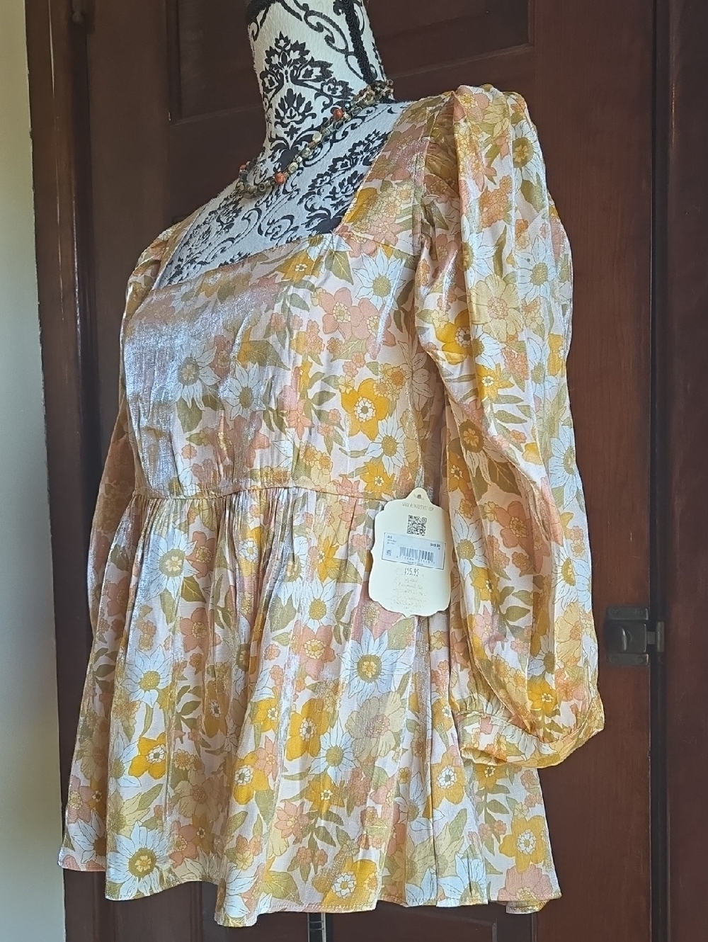 Altar'd State Floral Peasant Blouse in Mustard, Peach & Cream M - Picture 3 of 12